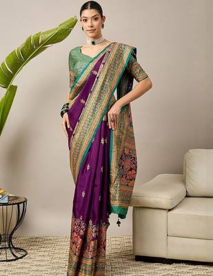 Purple ethnic motifs embroidered silk blend banarasi saree 5