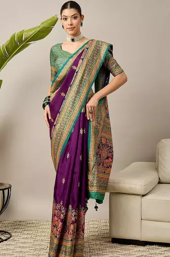 Purple ethnic motifs embroidered silk blend banarasi saree