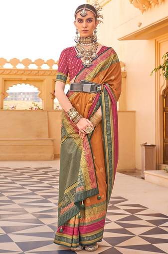 Mustard woven design jaali banarasi saree