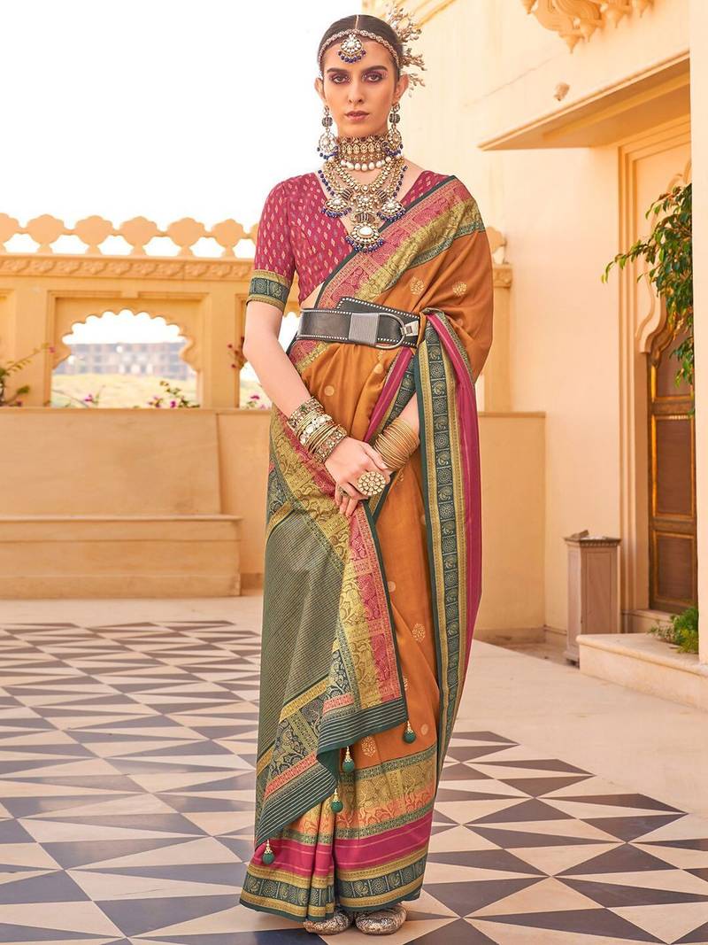 Mustard woven design jaali banarasi saree