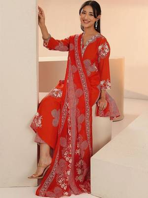 orange bandhani printed cotton blend straight suit set 1