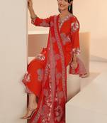 orange bandhani printed cotton blend straight suit set