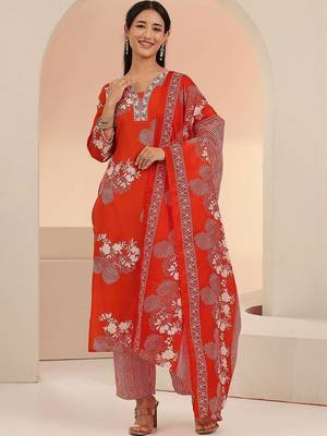 orange bandhani printed cotton blend straight suit set 2