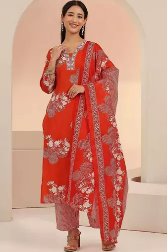 orange bandhani printed cotton blend straight suit set