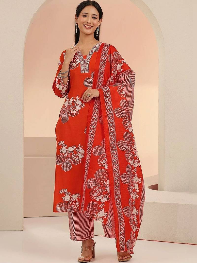 orange bandhani printed cotton blend straight suit set