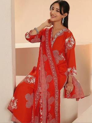 orange bandhani printed cotton blend straight suit set 3