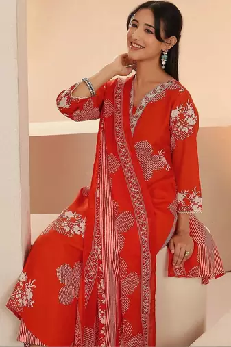 orange bandhani printed cotton blend straight suit set