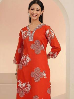 orange bandhani printed cotton blend straight suit set 5
