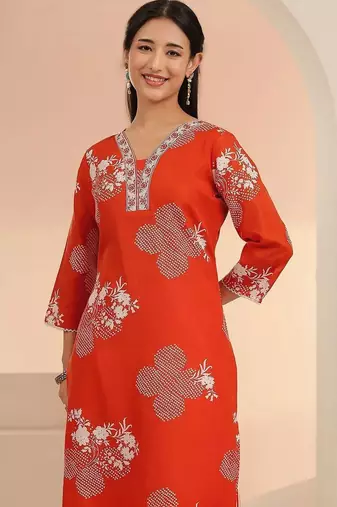 orange bandhani printed cotton blend straight suit set