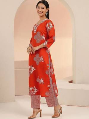 orange bandhani printed cotton blend straight suit set 6