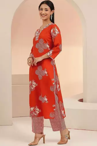 orange bandhani printed cotton blend straight suit set