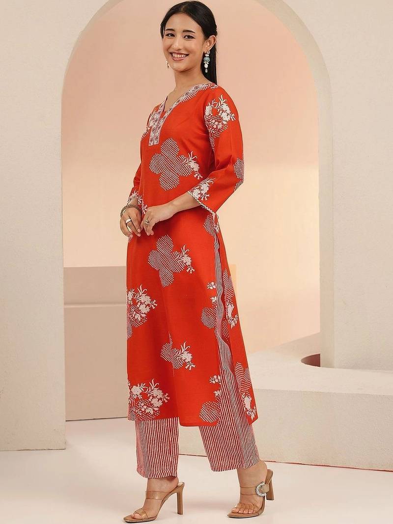 orange bandhani printed cotton blend straight suit set