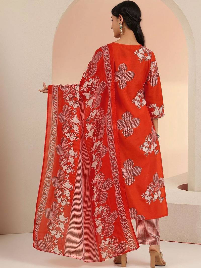 orange bandhani printed cotton blend straight suit set