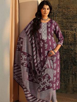 burgundy floral printed cotton blend straight suit set 1