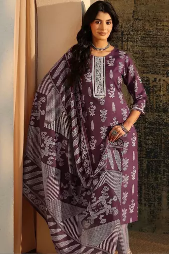 burgundy floral printed cotton blend straight suit set