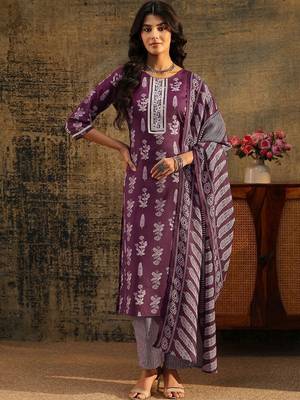 burgundy floral printed cotton blend straight suit set 2