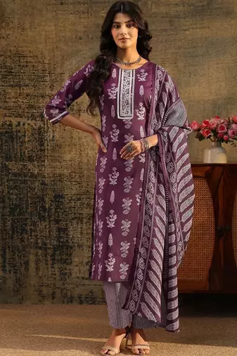 burgundy floral printed cotton blend straight suit set