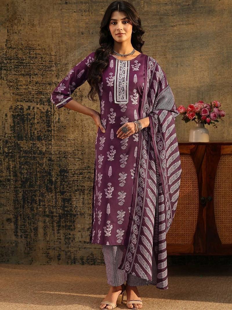 burgundy floral printed cotton blend straight suit set