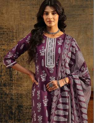 burgundy floral printed cotton blend straight suit set 3