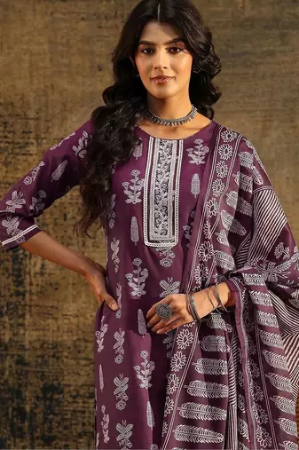 burgundy floral printed cotton blend straight suit set