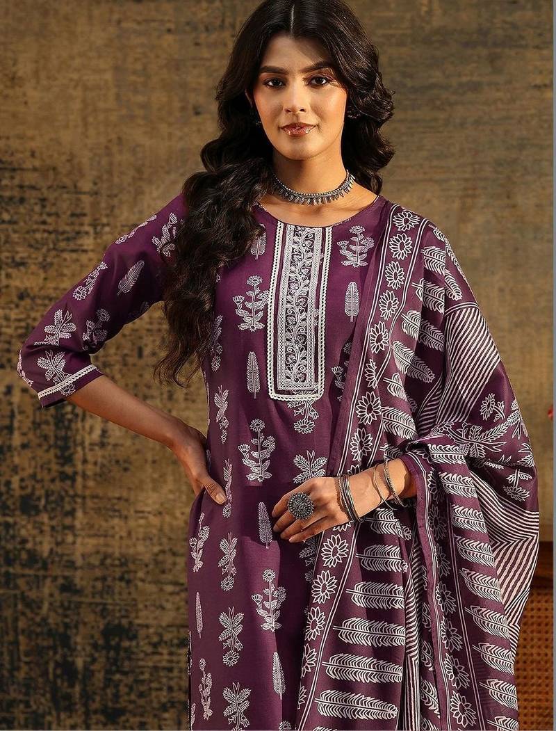 burgundy floral printed cotton blend straight suit set