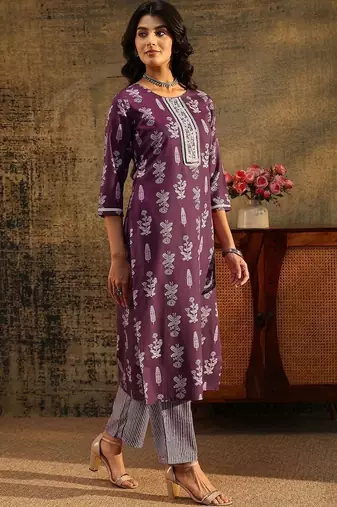 burgundy floral printed cotton blend straight suit set