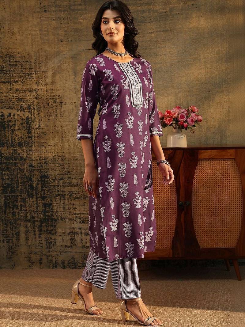 burgundy floral printed cotton blend straight suit set