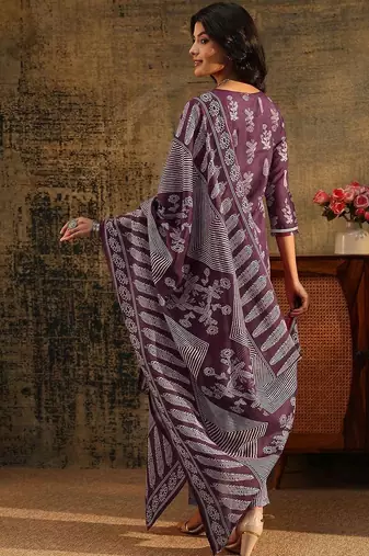 burgundy floral printed cotton blend straight suit set