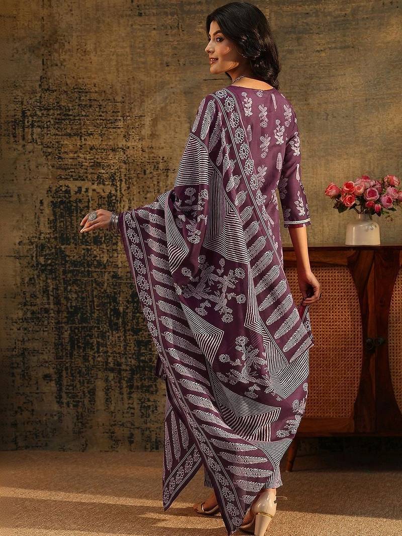burgundy floral printed cotton blend straight suit set