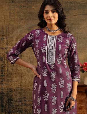 burgundy floral printed cotton blend straight suit set 6