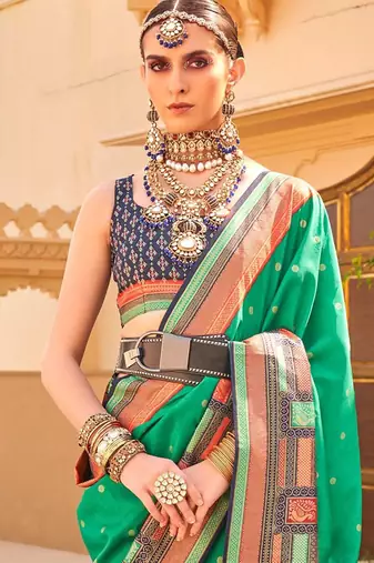 Teal woven design jaali silk blend banarasi saree