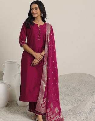 women round neck regular straight kurta with trousers & dupatta 1
