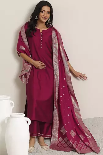women round neck regular straight kurta with trousers & dupatta