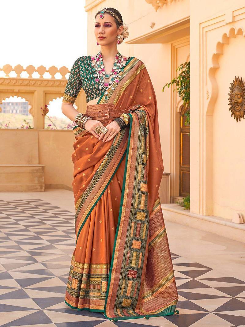 Rust woven design jaali silk blend banarasi saree