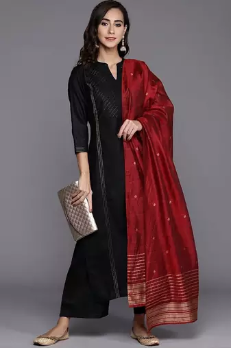 women ethnic motifs embroidered regular kurta with palazzos & dupatta
