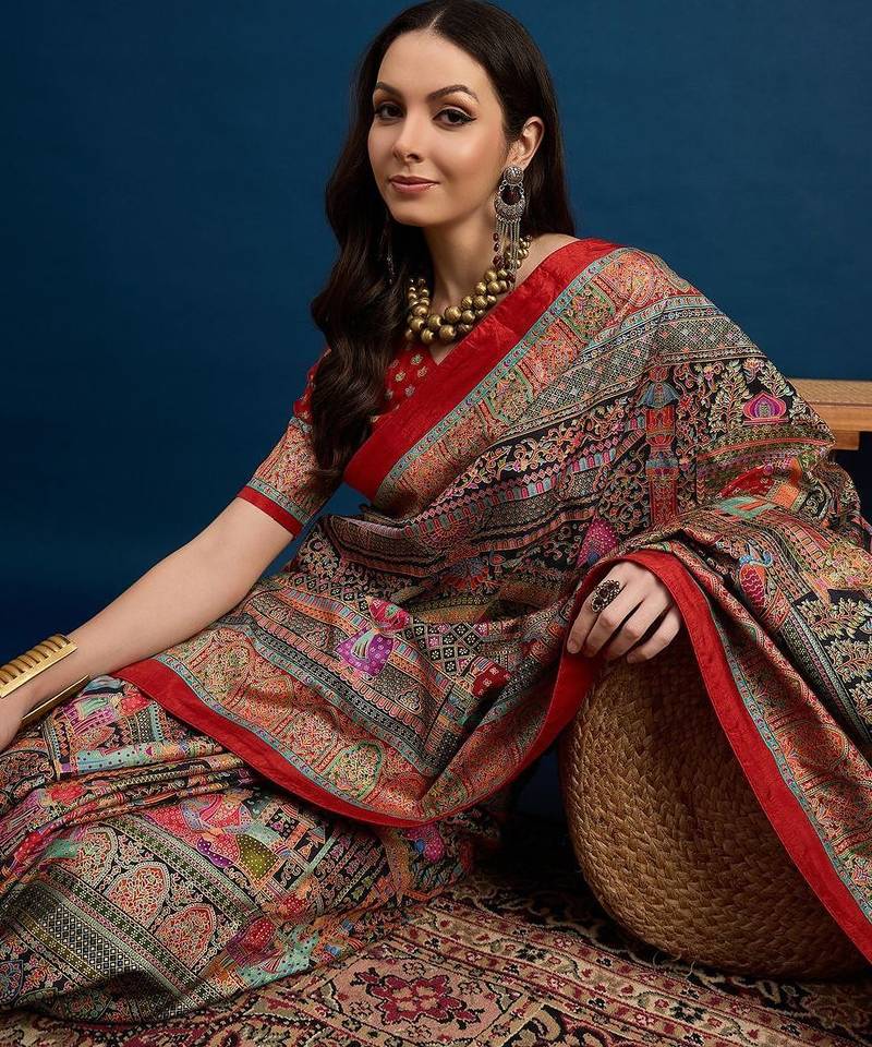 Black ethnic motifs woven design banarasi saree with unstitched blouse piece