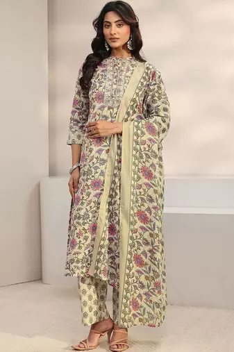 women floral printed regular thread work kurta with trousers & with dupatta