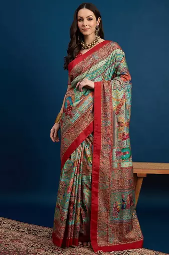 Blue kalamkari woven design banarasi saree