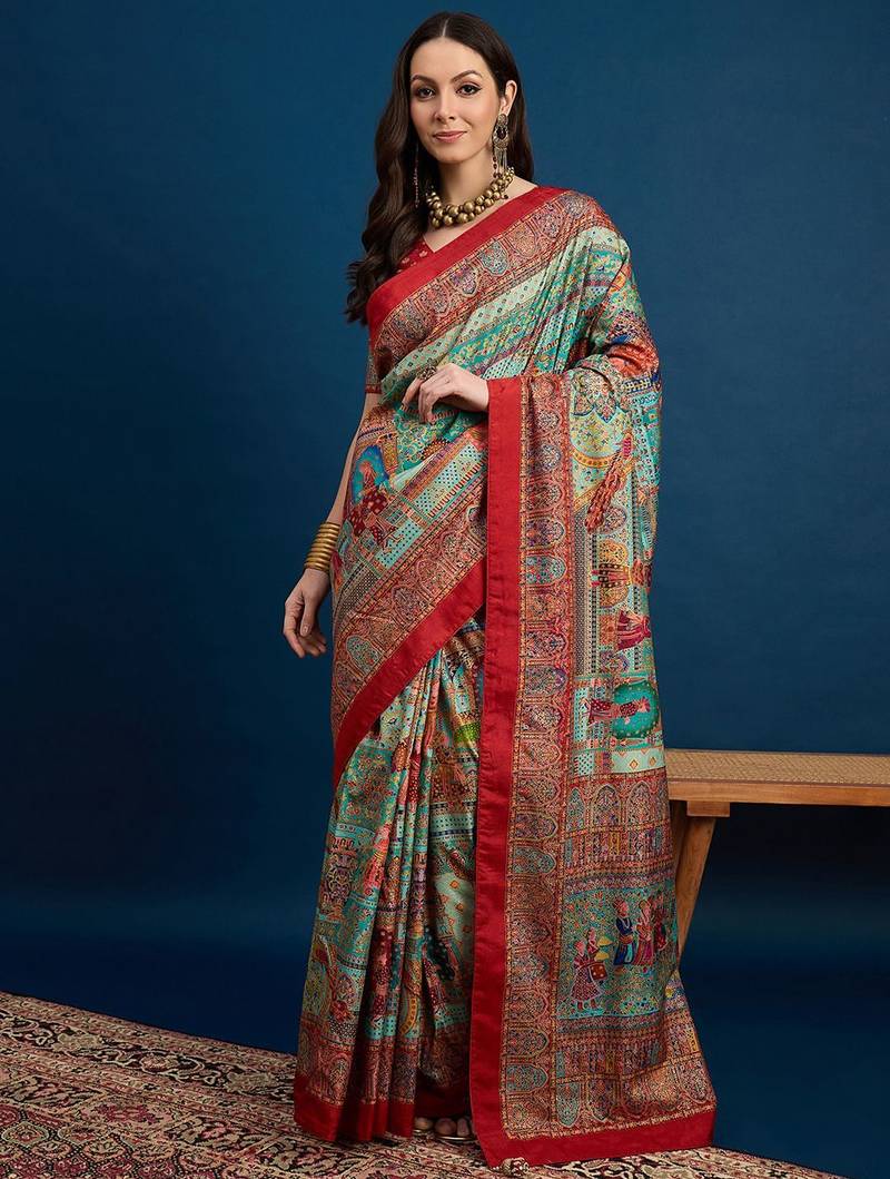 Blue kalamkari woven design banarasi saree