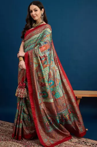 Blue kalamkari woven design banarasi saree