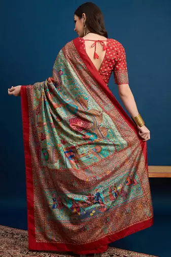 Blue kalamkari woven design banarasi saree