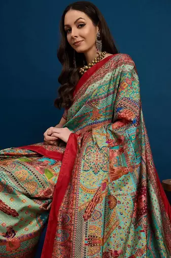 Blue kalamkari woven design banarasi saree