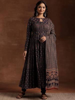 womens blue printed cotton anarkali kurta with churidar & dupatta 1