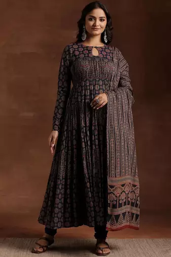 womens blue printed cotton anarkali kurta with churidar & dupatta