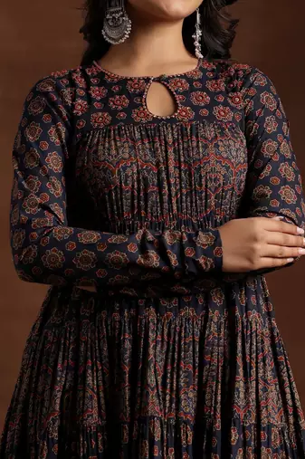womens blue printed cotton anarkali kurta with churidar & dupatta