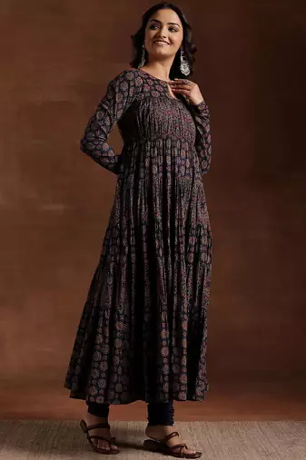 womens blue printed cotton anarkali kurta with churidar & dupatta