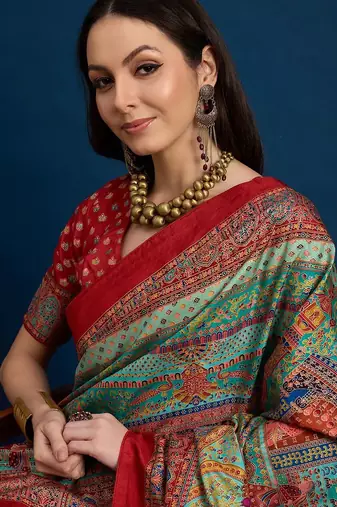 Blue kalamkari woven design banarasi saree