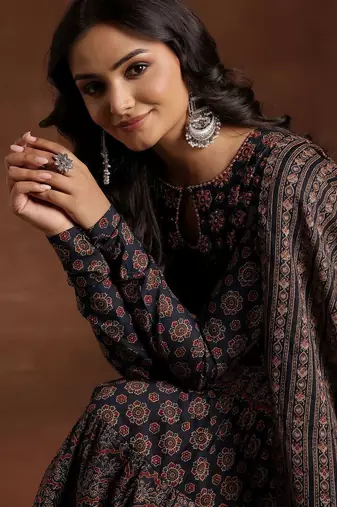 womens blue printed cotton anarkali kurta with churidar & dupatta