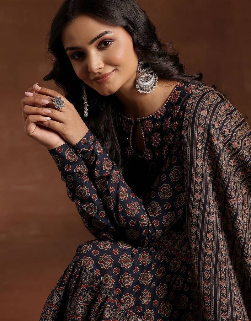 womens blue printed cotton anarkali kurta with churidar & dupatta