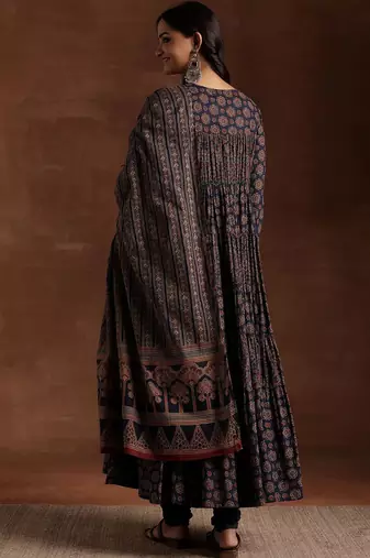 womens blue printed cotton anarkali kurta with churidar & dupatta